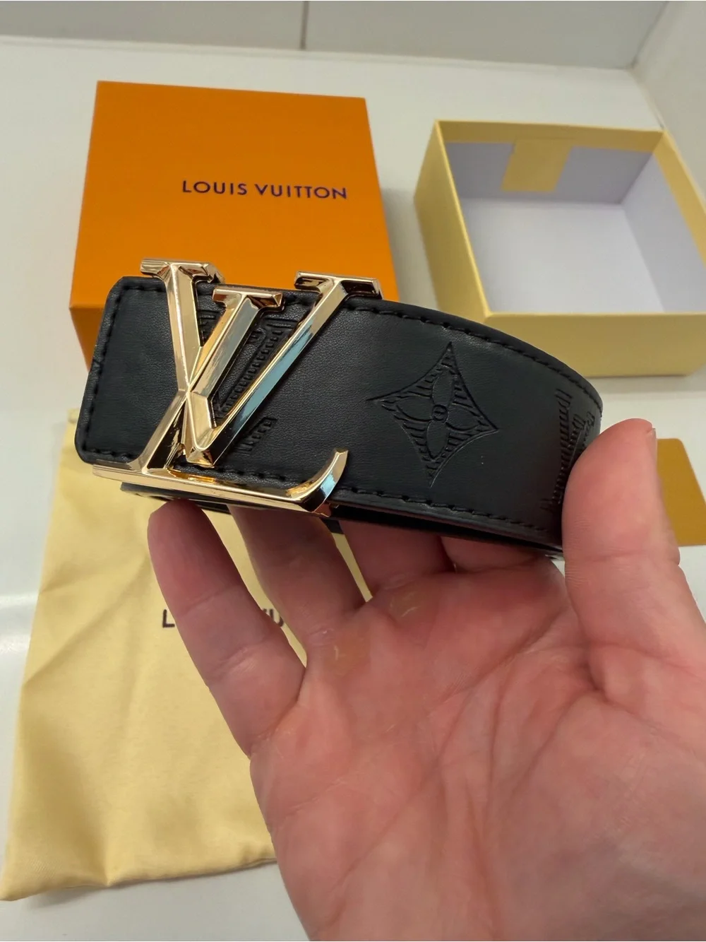 Louis Vuitton Black Monogram LV Initiales Belt Gold Buckle